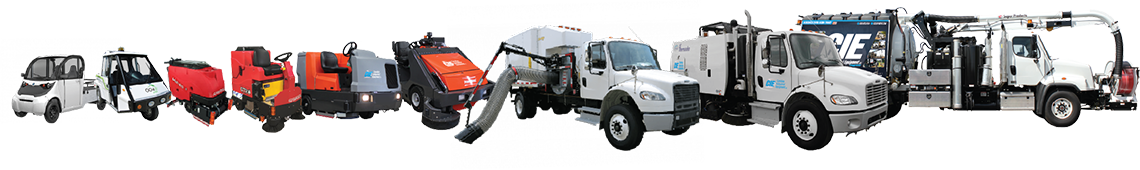 Equipment lineup: Floor scrubbers and sweepers, street sweeper, hydro excavator, leaf collector, and utility vehicles.